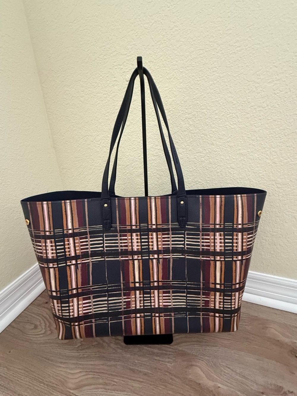 Tory Burch Navy Plaid Tote with Multicolor Stripes - Picture 2 of 5